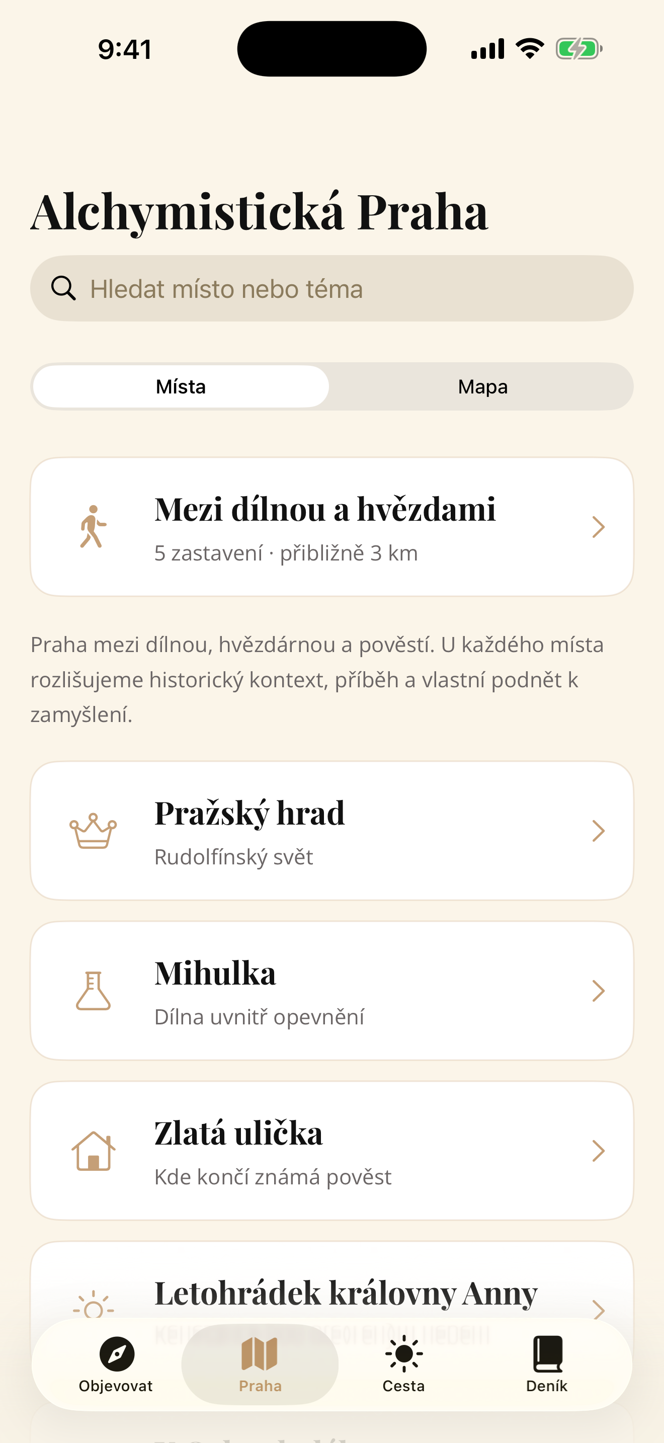 Skutečný náhled aplikace Alchymistka: průvodce Alchymistická Praha s místy, mapou a pěší trasou